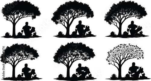 Firefighter resting under tree silhouette, reflective uniform pose, helmet beside figure, black vector art, tribute and reflection scene