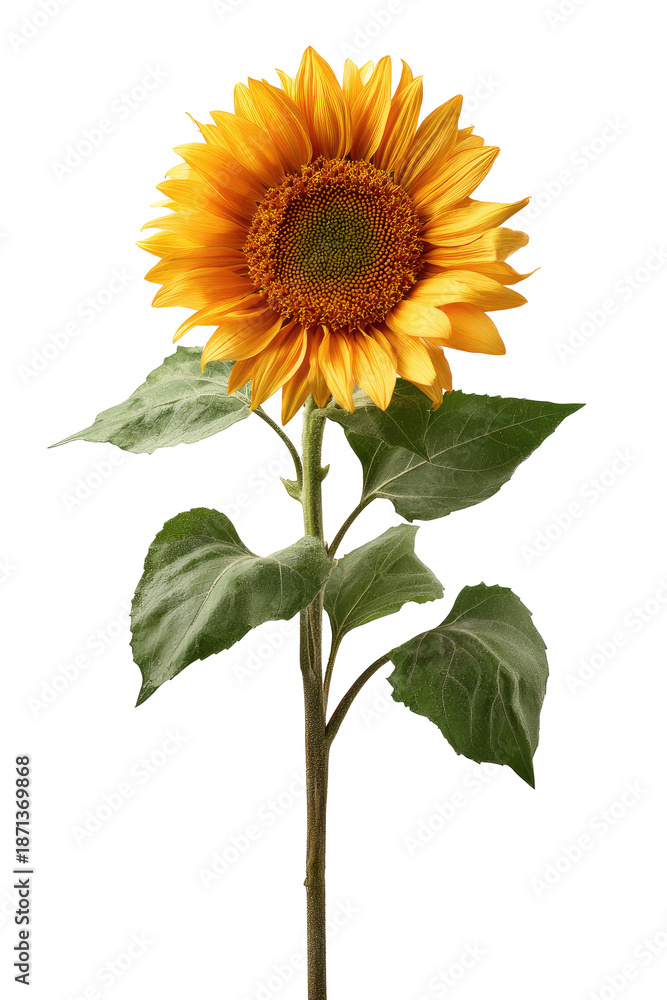 Obraz premium A single sunflower stands tall against a black background. Bright yellow petals surround a dark brown central disc. Green leaves emerge from a slender stem