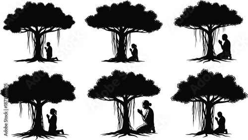 Praying figure under tree silhouette, spiritual nature pose, hanging root canopy scene, black vector art, meditation and reverence