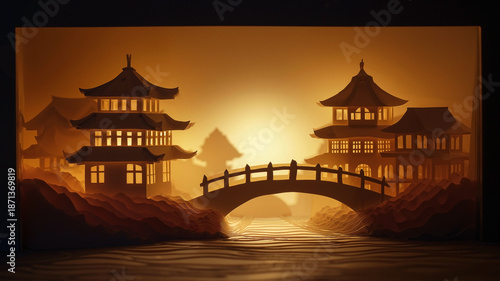 backlit paper shadow box featuring layered silhouette art of a Japanese pagoda and European cathedral connected by a bridge