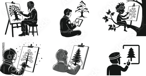 Futuristic character drawing tree, headset and tablet pose, creative art scene, black vector illustration, imaginative nature concept