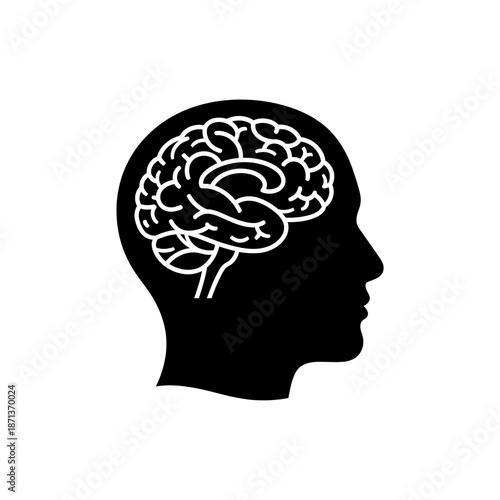 Silhouette of a human head with a visible brain, illustrating cognitive function and mental processes