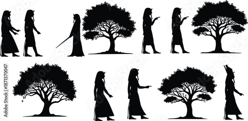 Horned robed figure silhouette, tree companion sequence, symbolic nature journey, black vector art, mythology concept, spiritual transformation illustration