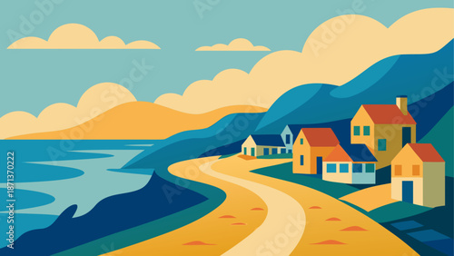 Coastal village with houses and winding road