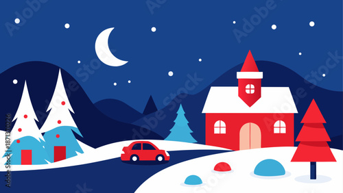 Winter scene with house car and moon night