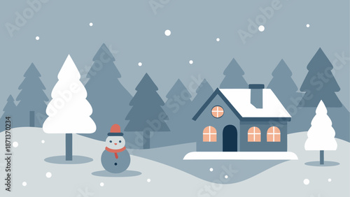 Winter scene with house and snowman trees