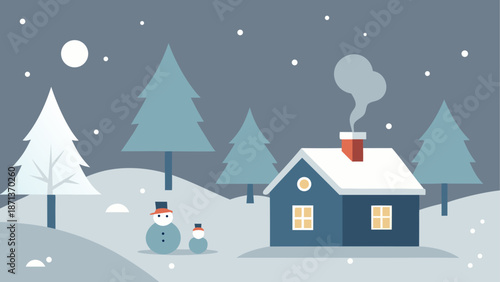 Winter scene with house and snowmen trees