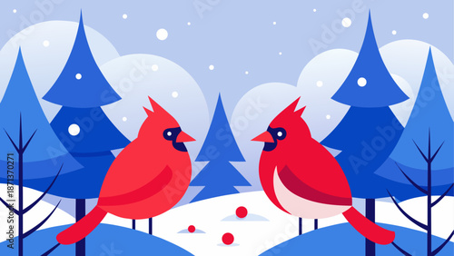 Two red cardinals in a wintery forest