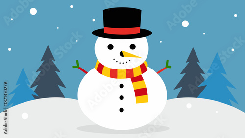 Snowman with hat and scarf in winter scene