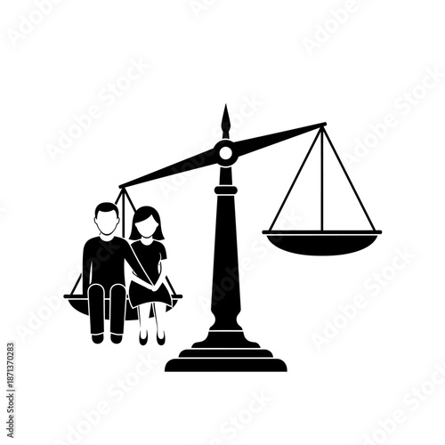 Scales of justice with a couple seated on the balance pans