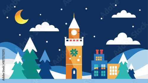 Winter town with clock tower and moonscape