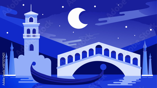 Venice scene with bridge and gondola night