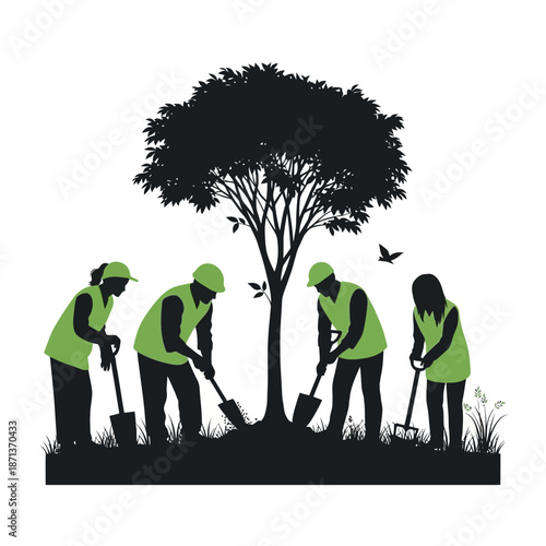 Team planting a tree together symbolizing environmental care and community effort
