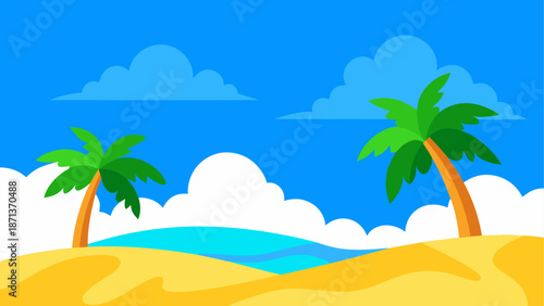 Cartoon beach scene with palm trees sky