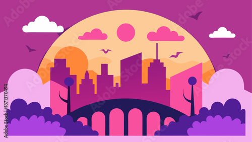 Cityscape silhouette with bridge and sun