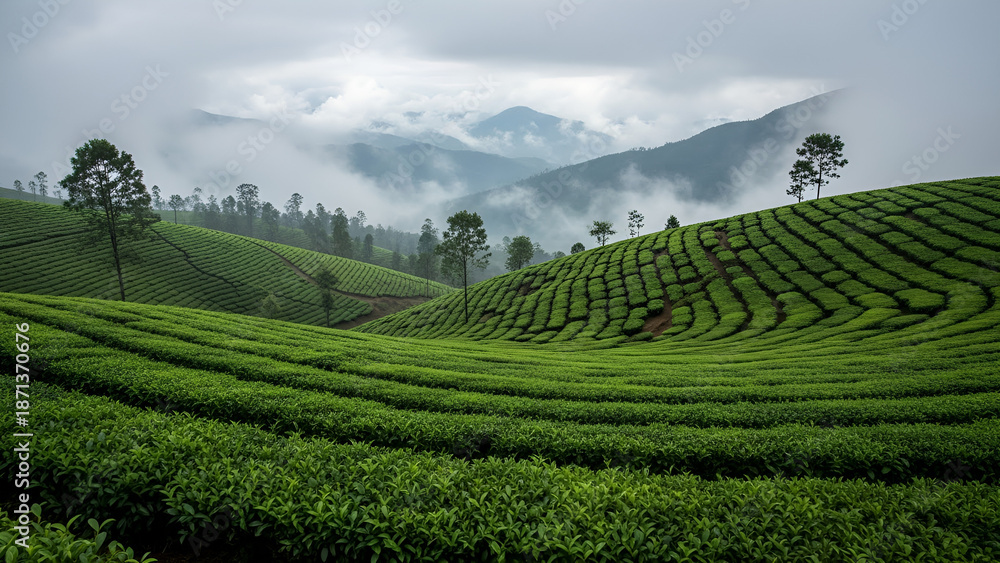 Fototapeta premium Lush tea plantation, India/Sri Lanka mountains. Eye-level tracking over manicured bushes, moody mist and green peaks. Ideal for travel blogs, tea brands, sustainable agriculture, wellness content,