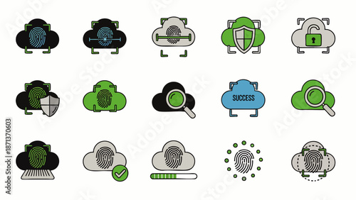 Cloud Security and Data Protection Icons Set with Biometric Fingerprint Authentication, Digital Privacy, and Secure Cloud Computing Concepts