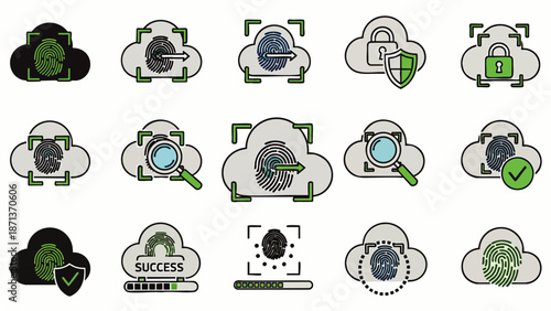 Cloud Security and Biometric Fingerprint Authentication Icons Set: Digital Data Protection, Access Control, and Secure Storage Solutions