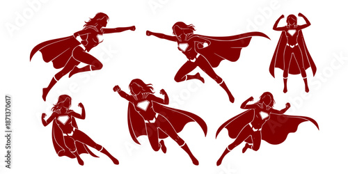 Vector Illustration Female Superhero Silhouette With Cape In Action Poses
