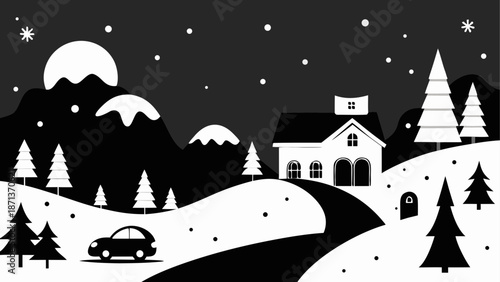 Winter landscape with house and car scene