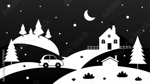 Winter night landscape with car and houses