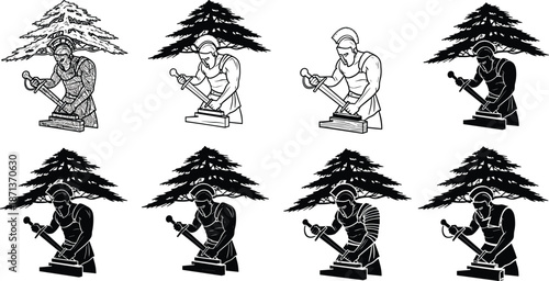 Warrior sculptor silhouette, chiseling stone tablet, cedar tree background, traditional armor pose, heritage craft scene, black vector illustration