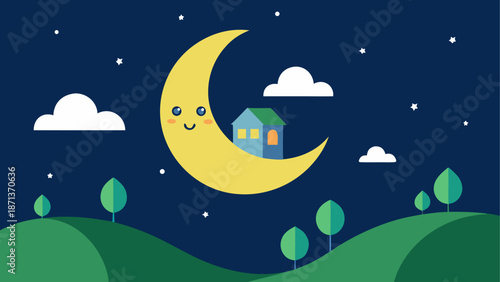 Cartoon night scene with moon and house