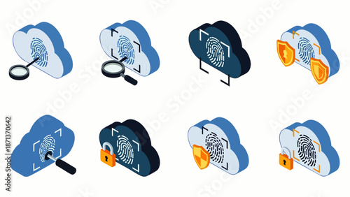 Isometric cloud security icons set with fingerprint scanning, data protection, digital identity, and biometric authentication for online privacy and access.