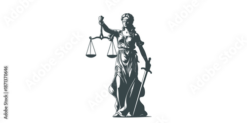 Themis goddess sculpture isolated on white background. Lady justice with scales and sword in hands. Judiciary symbol. Vector illustration.
