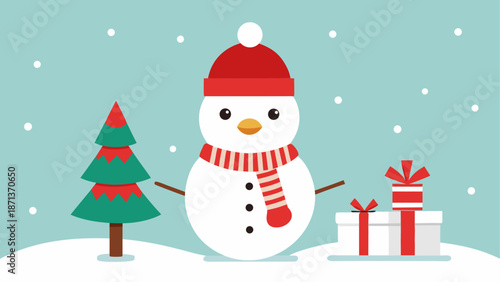 Cartoon snowman with christmas tree gifts