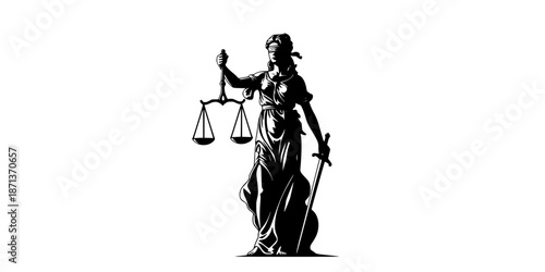 Themis goddess sculpture isolated on white background. Lady justice with scales and sword in hands. Judiciary symbol. Vector illustration.
