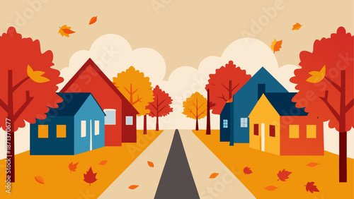 Autumn street with houses and falling leaves
