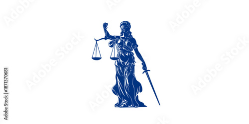 Themis goddess sculpture isolated on white background. Lady justice with scales and sword in hands. Judiciary symbol. Vector illustration.
