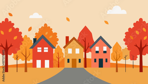 Autumn houses with trees and falling leaves