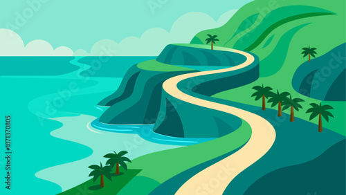 Coastal road with palm trees and ocean view