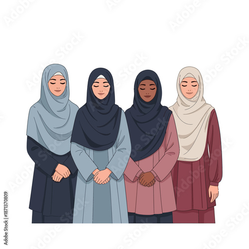 Four women wearing hijabs stand closely together in a digital illustration