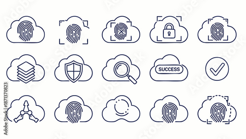 Set of cloud computing and data security icons, including biometric fingerprint authentication, secure network access, and digital privacy concepts.