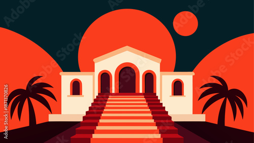 Illustration of building with palm trees