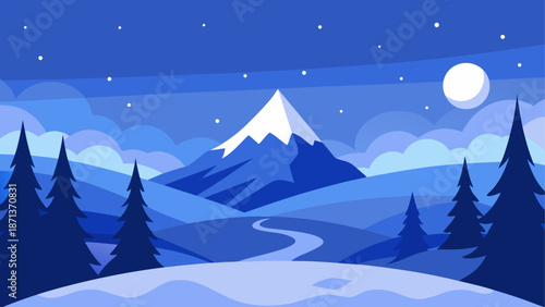 Winter mountain landscape with moon and trees