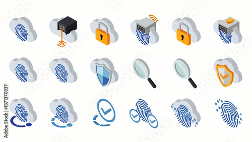 Isometric cloud security, data protection, and biometric identification icon set. Digital privacy, network safety, and secure data management solutions.