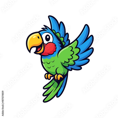 A colorful cartoon parrot with blue green and yellow plumage is flying