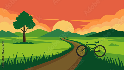 A bicycle on a path in a rural landscape