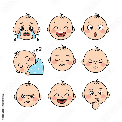 A collection of cartoon baby faces displaying various emotional expressions