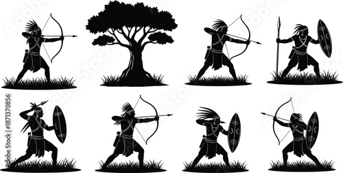 Tribal warrior silhouette, bow and spear stance, shield combat pose, traditional attire, jungle grass scene, black vector illustration