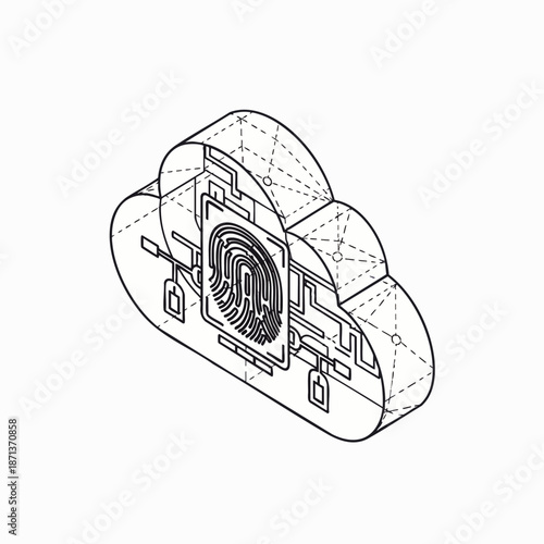 Secure cloud computing with biometric authentication: Isometric line art of a cloud icon featuring a fingerprint scanner and circuit board, representing data protection.