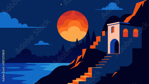 Building on a cliff at night with full moon