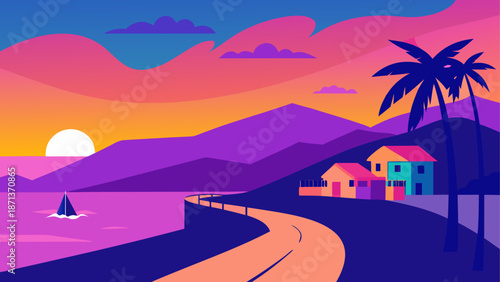 Coastal landscape with sunset and houses