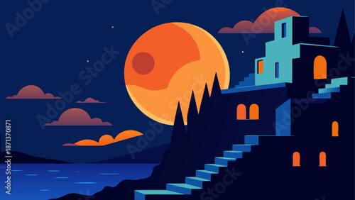 Night view of a coastal town with moonrise