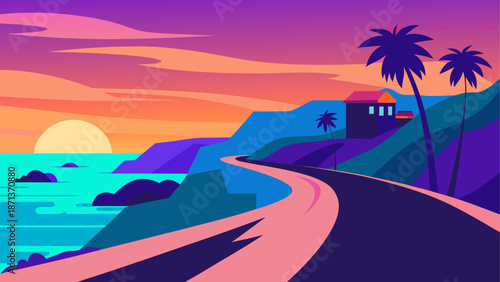 Sunset road with palms and ocean view
