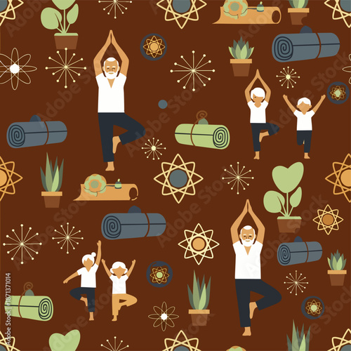 Seamless pattern showcasing diverse individuals, including adults and children, practicing various yoga poses amidst potted plants and mats, promoting wellness and mindful living on a warm brown
